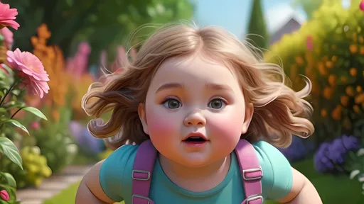 Prompt: Hyper-realistic 64k 3D rendering of a chubby, beautiful little girl with rosy cheeks running in a colorful garden, close-up view, ultra HD, hyper-realism, vibrant garden background, cinematic photography, detailed chubby cheeks, 8D, high-speed motion, vibrant colors, natural lighting
