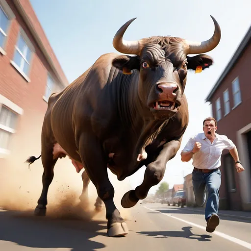Prompt: A feared person chased by an aggressive bull (with wide eyes). The person is closer to the camera. Dutch Angle (from the side). 

You may add these keywords for different types of results: 
[Cartoon, 3D], [Cartoon], [Digital Illustration], [ Realistic photograph] etc.