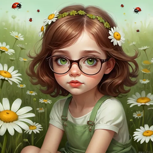 Prompt: Detailed digital painting of a cute little girl with brown hair and green eyes, wearing glasses, sitting in a field of daisies with a ladybug on her head, Anna Dittmann, pop surrealism, fine art painting, highly detailed, digital, cute, girl, brown hair, green eyes, glasses, ladybug, daisies, detailed, pop surrealism, fine art, painting