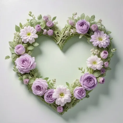 Prompt: Prompt:

oil painting, spring pastels, pale purple and pale green, in the center is a flower wreath in the shape of a big heart, all white background 3D HD