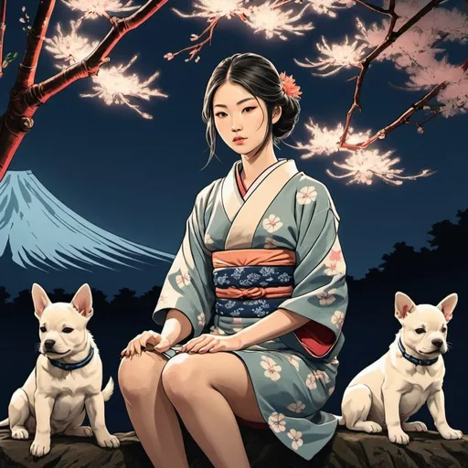 Prompt: Create a ukiyo-e image of a beautiful young girl sitting under a tree with a beautiful puppies studio lightning , neon avatar