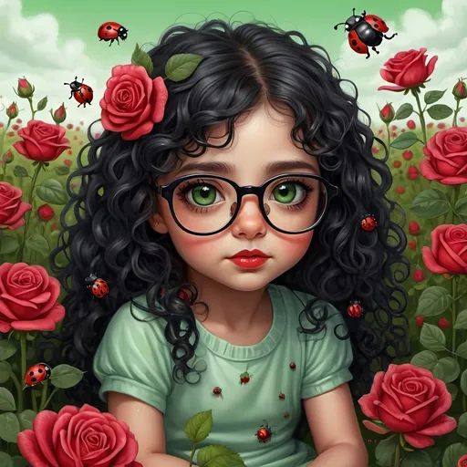 Prompt: Highly detailed digital painting of a cute little girl with long black curly hair and green eyes, wearing glasses, sitting on a field of roses with a little ladybug on her head, pop surrealism, fine art painting, detailed hair, green eyes, glasses, ladybug, roses, surreal, digital painting, highly detailed, pop surrealism, fine art, cute, detailed