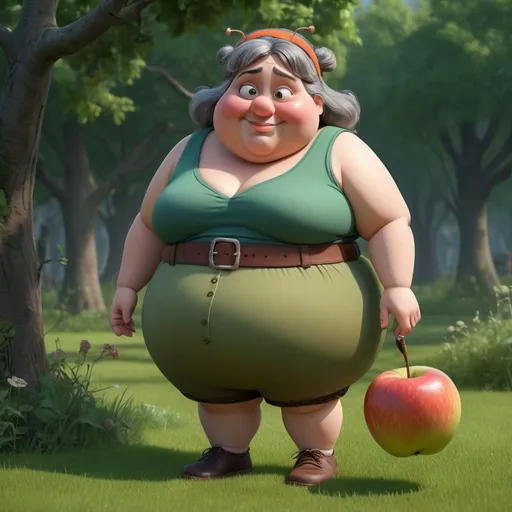 Prompt: prompt: Create Pixar-style 3D images of an out-of-shape chubby woman with a bulbous nose, her chin pulled slightly forward, walking with one foot lifted off the ground, one hand on her chin, the other outstretched, wearing knickerbockers Brown, a tunic in green, a belt made of apples and a hook hanging from it, has very messy tangled gray hair, with a headband (butterfly shape), smokes a pipe, stands on a green lawn, looks very grim Pixar style, hyperrealistic, glowing Colors, lots of details, jumps off the screen, 4K UHD resolutio