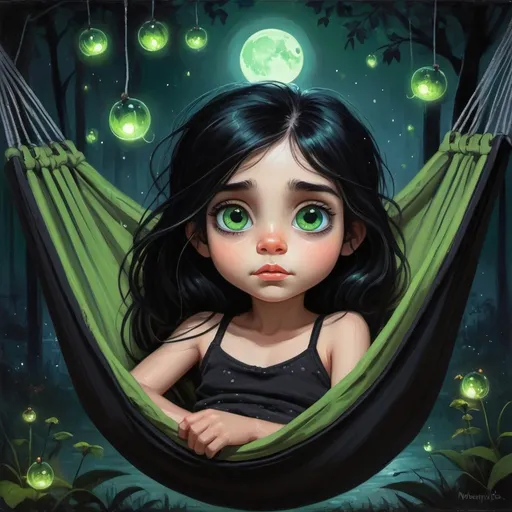 Prompt: a painting of a little girl sitting in a hammock with her big green eyes open, dreaming face and her long black hair tied on top of her head, gothic art, grunge, a fine art painting, Pixar style ,her expression to be serene and dreamy,moonlit night scene,glowing fireflies around the hammock