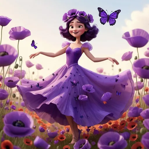 Prompt: an Pixar style of a lady in Purple dancing in a dress made of purple poppies with a purple poppy flower crown and purple butterflies