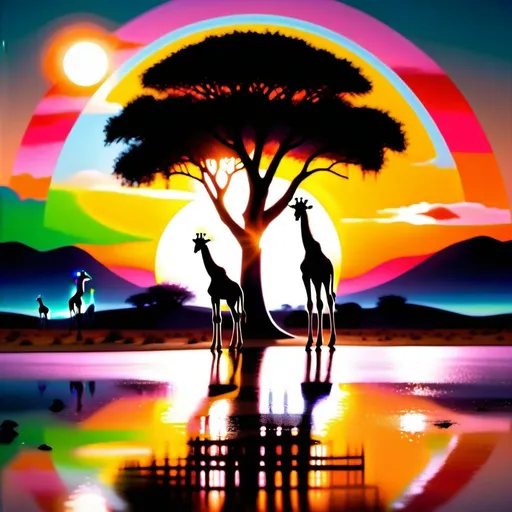 Prompt: create a hyper realistic image of a vibrant and mystical scene featuring a radiant big with broad 3D tree with vibrant red orange green pink yellow colours light reflection  from its top ,set against a backdrop of mid noon clear sky; silhouettes of giraffes are gracefully walking towards the illuminated tree, and the ground is marked with desert sand waves patterns, ultra HD 64k hyperrealism light reflection