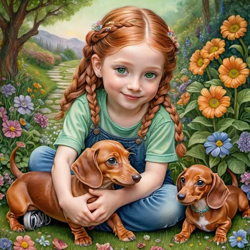 Prompt: Prompt: Hyper realistic and adorable painting of a cute little girl playing with a cute fawn colored Dachshund. She has braided ginger colored hair with beads on the ends. Expressiv green eyes. The girl is wearing a denim jeans, a t-shirt and sneakers. The location is a garden with spring flowers. High resolution, in the style of Josephine Wall.