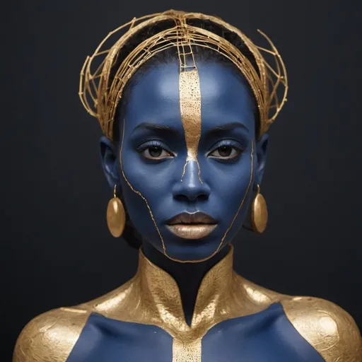 Prompt: A portrait of a woman with matte blue skin adorned with a network of  golden cracks, similar to a lapis lazuli sculpture with gold inlay. Her  expression is bold and confrontational, with a direct gaze that  challenges the viewer. She should have an assertive posture, with her  head tilted slightly and one hand poised thoughtfully near her face. The  background should be a soft gold to enhance the metallic elements of  her form.