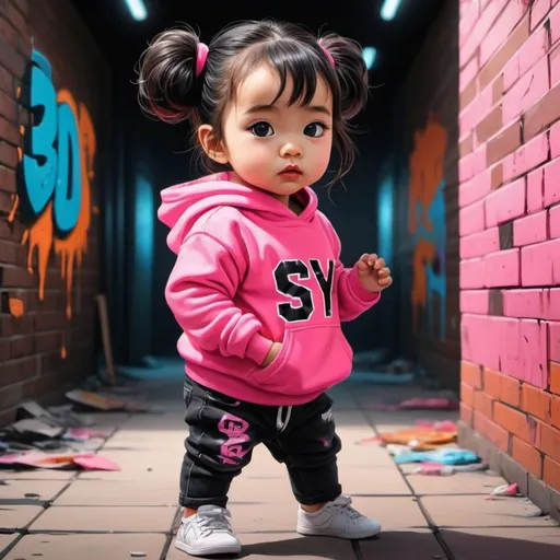 Prompt: Prompt:

A full body 5D image of a super hyperrealistic oil painting vector style image of a beautiful Asian  baby girl around 2 years old of age busting through a 5D  colorful brick wall wearing a neon orange and black hoodie that says
"SPY4U", typography/ripped up neon pink, orange and black jeans, very shiny glossy red lip gloss, intricately precise realistic intricate precisely depicted details deep black color eyes, her hair is long black  in a well-groomed neat messy bun with a neon pink headband , 8K 5D  high quality precise details high resolution 1080 DPI UHD 600ios PNG SVG graffiti transparent bold, very bright colors vivid and vibrant photo anime product cinematic fashion poster illustrated photorealistic typography background
