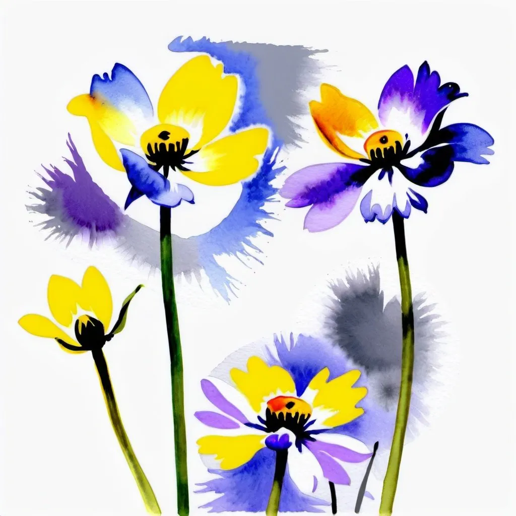 Prompt: PROMPT: Watercolor painting of three flowers. The flowers are in various stages of bloom, with the yellow one appearing fully open, while the other two are more closed. The stems are a soft gray, and the background is a light purple that transitions to a white on the right side, dark gray letters above the flowers, ultra detail, hyper realistic, 4k, --aspect 7:4