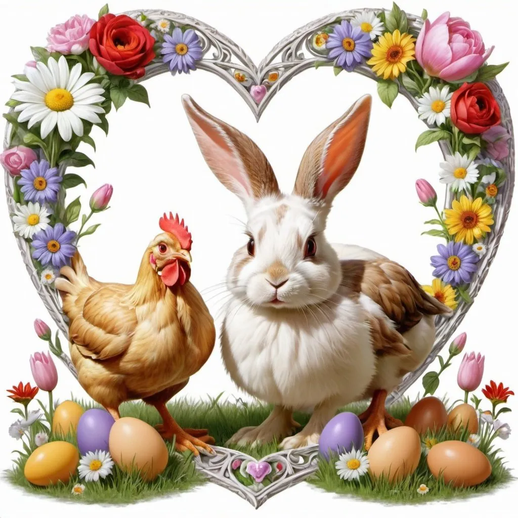 Prompt: a picture of a bunny and a chicken in a heart frame with eggs and flowers around it, with a white background, Anne Stokes, naive art, highly detailed digital art, computer graphics