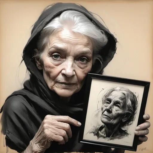 Prompt: Prompt: A mesmerizing charcoal sketch captures a dreamy and fantastical scene, where an elderly woman holds a photograph of her youth that covers half of her face. The contrast between her youthful and aged appearance highlights the passage of time, aging, and the power of memory. The dark fantasy atmosphere blends realism and surrealism, reflecting the journey of life while paying homage to artists like Rolf Armstrong, Frank Frazetta, Jeremy Mann, Carne Griffiths, and Robert