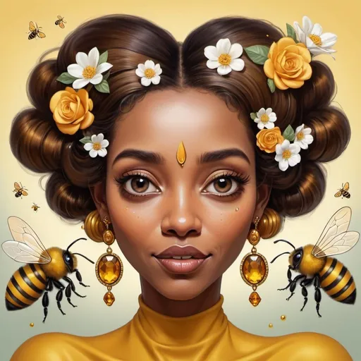 Prompt: Prompt: a piece of artwork that contains a cute caricature bee, a caricature lady, in their hair shiny jewelery, on their face some shiny little rustcolor gems, flowery detailed background, in the style of Richard avedon, powerful and emotive portraiture,  beautifull lighting, 8k resolution ,the bee and lady interact in some way,the bee whispering something in her ear, the lady react with surprise or delight..Include subtle references to nature or mythology.Include flowers or leaves in their hair.Add a touch of surrealism to the artwork.