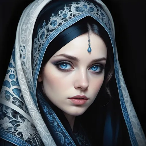 Prompt: a woman with blue eyes and a black veil on her head and a black background with a white and blue pattern, Anna Dittmann, gothic art, highly detailed digital painting, a photorealistic painting