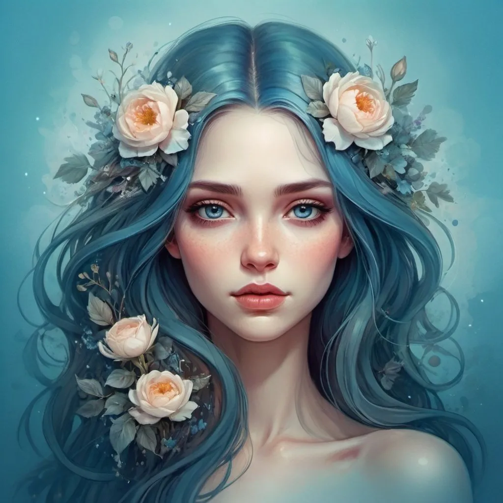 Prompt: a woman's head with long hair and flowers in the shape of a heart on a blue background, Anna Dittmann, fantasy art, highly detailed digital painting, digital art