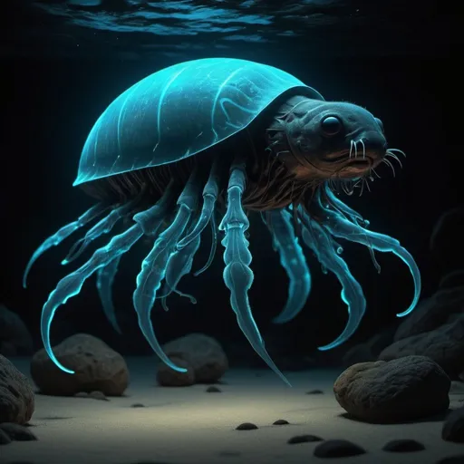 Prompt: Bioluminescent Features: Animals that emit light, creating a magical atmosphere especially at night, 3D, 48K resolution