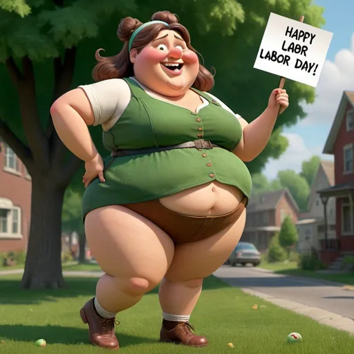 Prompt: prompt: Create Pixar-style 3D images of an out-of-shape chubby woman with a bulbous nose, her chin pulled slightly forward, walking with one foot lifted off the ground, one hand on her chin, the other outstretched and she is holding a poster with the inscription: "Happy Labor Day!",wearing knickerbockers Brown, a tunic in green, a belt made of apples and a hook hanging from it, has very messy tangled gray hair, with a headband (butterfly shape), smokes a pipe, stands on a green lawn, looks very grim Pixar style, hyperrealistic, glowing Colors, lots of details, jumps off the screen, 4K UHD resolution