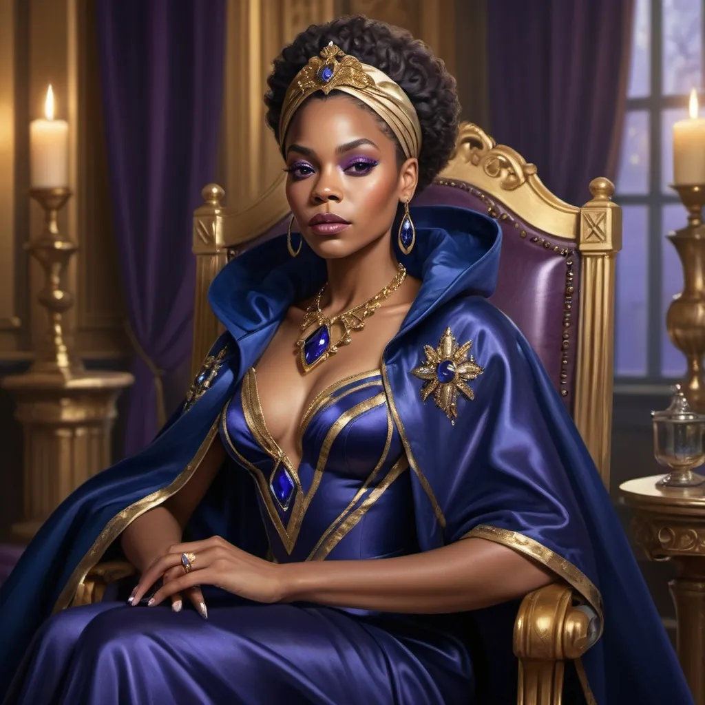 Prompt: Create a detailed, high-resolution digital artwork featuring a confident African American woman in regal attire. with rich caramel skin and a striking hairstyle blending midnight blue and violet hues. She wears a shimmering indigo cloak with silver and gold accents, a jewel-adorned gown, and holds a jeweled scepter. She sits on a golden chair surrounded by a room adorned with deep blue and gold accents