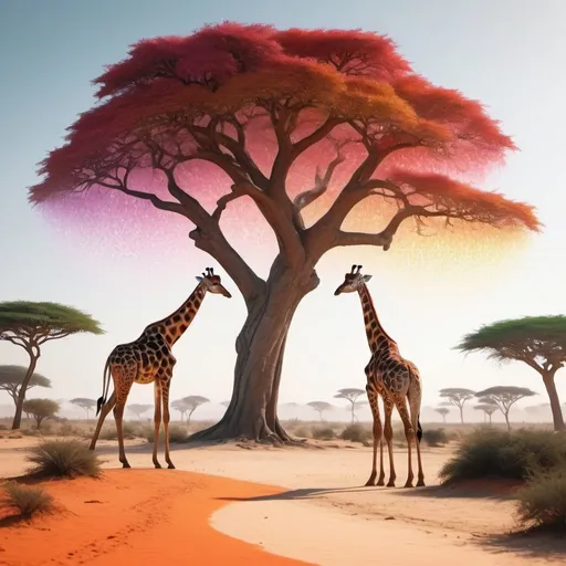 Prompt: create a hyper realistic image of a vibrant and mystical scene featuring a radiant big with broad 3D tree with vibrant red orange green pink yellow colours light reflection  from its top ,set against a backdrop of mid noon clear sky; silhouettes of giraffes are gracefully walking towards the illuminated tree, and the ground is marked with desert sand waves patterns, ultra HD 64k hyperrealism light reflection
