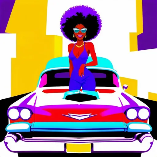 Prompt: A hyper-realistic image of an African American woman with a vibrant purple afro, purple shoes, and a dazzling smile. Wearing a custom-designed outfit in shades of purple, she proudly poses next to a meticulously restored, purple Chevrolet Bel Air. The car gleams under the spotlight, showcasing its chrome accents and intricate detailing. The text "Showstopper" is displayed in a classic font on the car's windshield.
