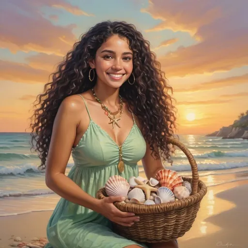 Prompt: 4k glossy oil painting: Latino beach collector (light skin), a radiant smile, gathers seashells in a woven basket at dusk.Long black curly hair adorned with starfish charms. Flowing light green sundress. Delicate gold necklace with tiny shell. Barefoot in warm sand. Beach bathed in fiery light, waves lap at shore. Beach adorned with colorful towels, seashells.
