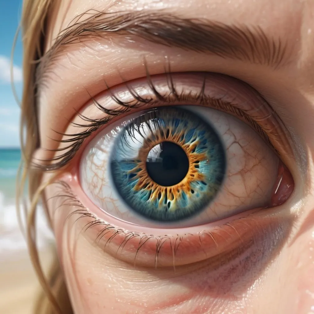 Prompt: Hyper realistic, high definition 3D, photography of a macro image of an eye , inside the retina is a beautiful tropical beach, and *** a women diving or standing towards the camera out of the eyes ***, waves splashing out of the eyes , All features in detail.