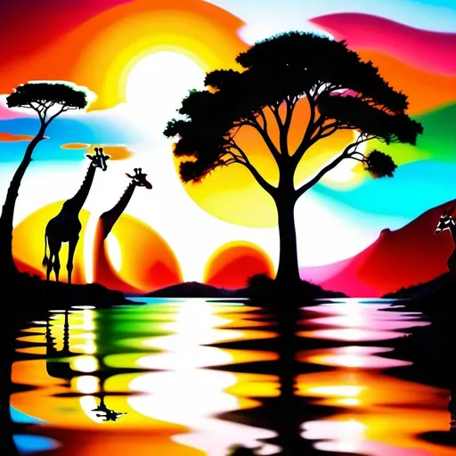 Prompt: create a hyper realistic image of a vibrant and mystical scene featuring a radiant big with broad 3D tree with vibrant red orange green pink yellow colours light reflection  from its top ,set against a backdrop of mid noon clear sky; silhouettes of giraffes are gracefully walking towards the illuminated tree, and the ground is marked with desert sand waves patterns, ultra HD 64k hyperrealism light reflection