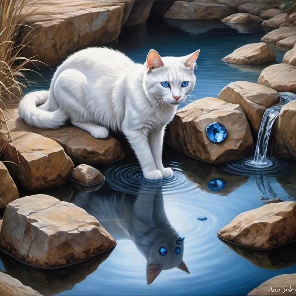 Prompt: a cat with blue eyes is looking at the water in the water hole with rocks and rocks around it, Anne Stokes, fantasy art, water, a photorealistic painting