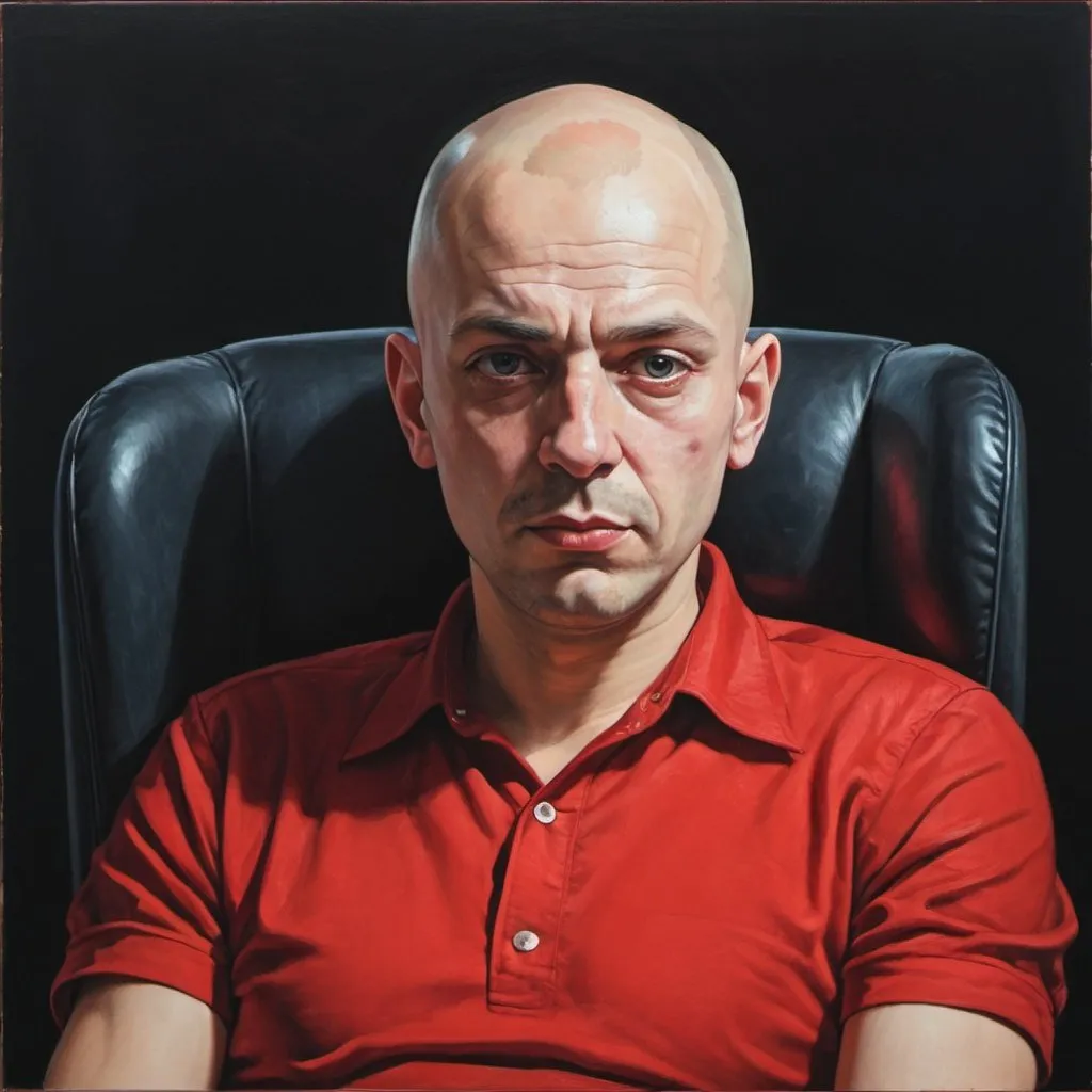 Prompt: a bald man in a red shirt sitting in a black chair with his head turned to the side and his eyes wide open, Dmitry Levitzky, precisionism, zabrocki, a character portrait