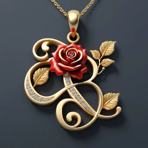 Prompt: Create a gold pendant from the initial "E"in calligraphy, in the initial "E" is sprinkled with some small diamonds, intertwined with a golden rose with a red diamond instead of a flower, the initial is clearly visible, 3D, 48K