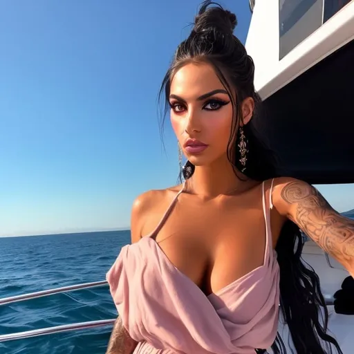 Prompt: create a hyper realistic Latina with long tousled black hair with pink tips half up in a messy bun, big hazel eyes, smoky eye makeup, long wispy lashes, glossy mauve lips, lip piercing, tattoos, wearing Clasi Women's One-Shoulder Sleeveless Maxi Dress With Slit Hem And Drape Neckline with gladiator heels, full body view, standing on a yacht looking over the ocean, the suns hitting her tanned skin causing an ethereal glow