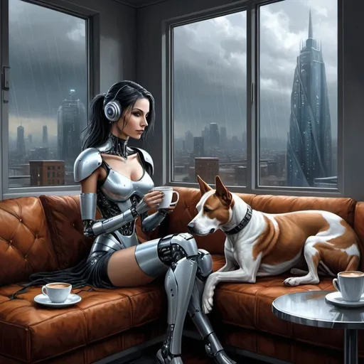 Prompt: a painting of a woman sitting on a couch with a dog and a cup of coffee in front of a window, Anne Stokes, computer art, highly detailed digital painting, cyberpunk art, it's a rainy day outside the window, the dog it's a robotic companion, the woman's clothing it's futuristic,the window view to a futuristic cityscape