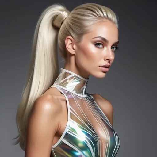 Prompt: Create a sleek and polished image with high gloss effect of a olive skinned European supermodel with long white/blonde hair with high styled ponytail, wearing an iridescent dress with intricate design, dynamic pose, ultra-detailed, wearing stiletto heels, hyper-realistic