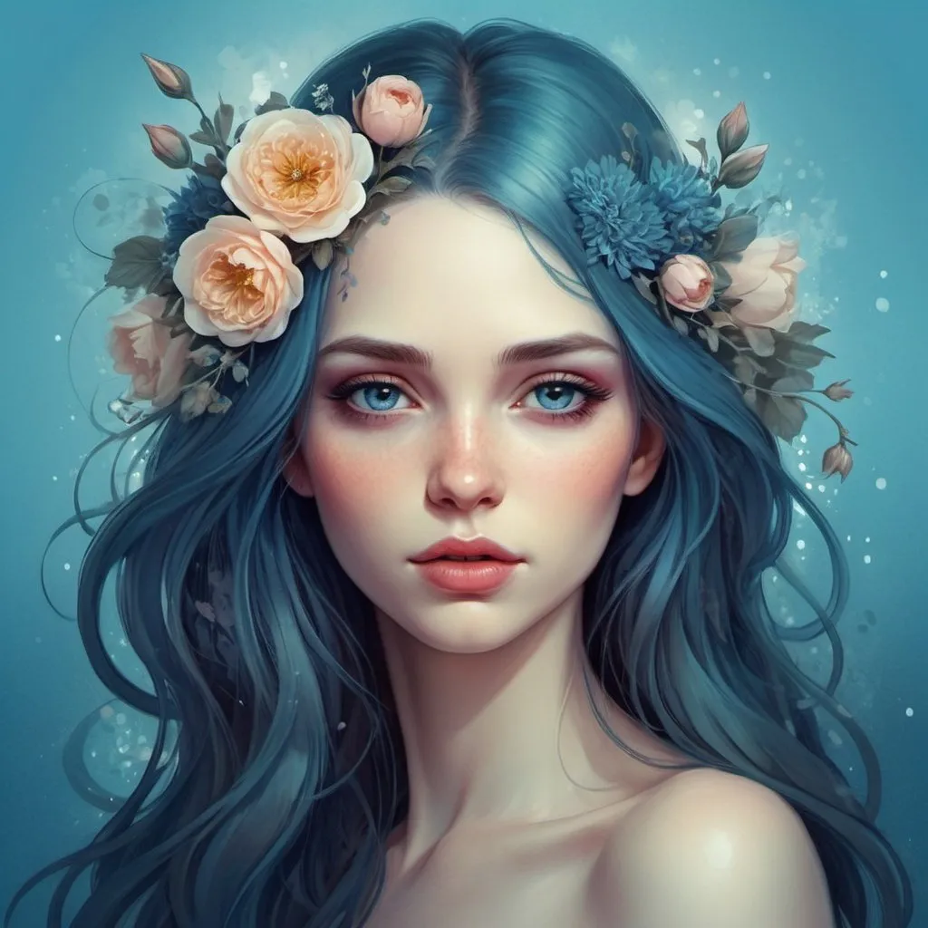 Prompt: a woman's head with long hair and flowers in the shape of a heart on a blue background, Anna Dittmann, fantasy art, highly detailed digital painting, digital art