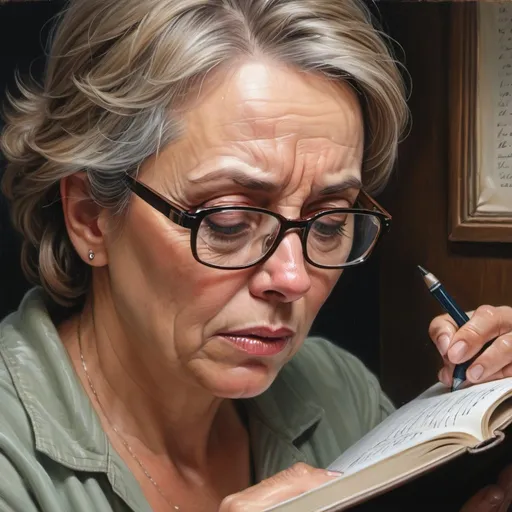 Prompt: Photorealistic Close-up View of a Middle-aged Woman With Glasses. She's Writing in a Journal, a Tear Rolling Down Her Cheek. A Photograph Tucked Inside the Journal Shows Her Husband, Who Appears Ill.glossy Oil Painting