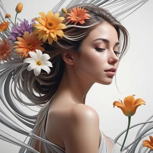 Prompt: Create a harmonious blend of abstract flowing lines of a beautiful young woman and realistic flowers, where the lines morph into the shapes of the women of flowers, illustrating a dance between abstraction and realism ultra HD 64k hyperrealism