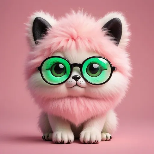 Prompt: Create a digital artwork of a cute, rounded fluffy creature with big green eyes,the fur is on top of the head neon mint green with blach eyebrows, in front of the body is fur light pink and the rest of the body is fur black, with tiny gold fingers and toes,wearing a round glasses and a heart-shaped pendant, set against a pink background with white sparkles