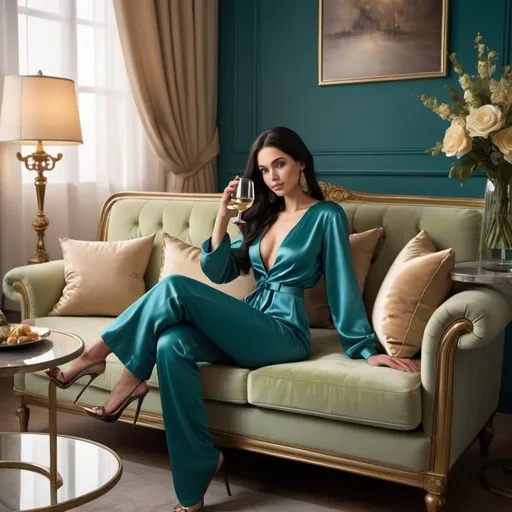 Prompt: Create a hyperrealistic,oil painting ,8K,  luxurious and cozy living room setting in teal and gold tones, where a beautiful girl with black long hair and big light green eyes is relaxing on a plush sofa, holding a smartphone in one hand and a glass of wine in the other.She wearing a modern beige jumpsuit with matching stiletto high heels. The room is adorned with decorative elements like cushions, curtains, lamps, and flowers, creating an aesthetic and inviting atmosphere. A small table beside the sofa holds a wine bottle and an extra glass, suggesting a relaxed evening. Two bowls filled with ornaments or decorative items add to the opulence of the scene.