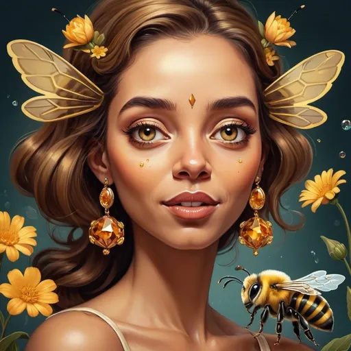 Prompt: Prompt: a piece of artwork that contains a cute caricature bee, a caricature lady, in their hair shiny jewelery, on their face some shiny little rustcolor gems, flowery detailed background, in the style of Richard avedon, powerful and emotive portraiture,  beautifull lighting, 8k resolution ,the bee and lady interact in some way,the bee whispering something in her ear, the lady react with surprise or delight..Include subtle references to nature or mythology.Include flowers or leaves in their hair.