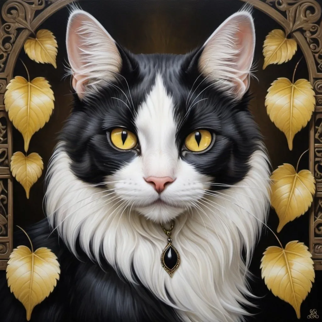 Prompt: a painting of a cat with a white face and yellow eyes and a black tail with a leaf on it, Anne Stokes, gothic art, symmetrical eyes, a photorealistic painting