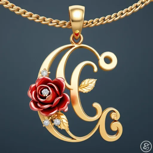 Prompt: Create a gold pendant from the initial "E"in calligraphy, in the initial "E" is sprinkled with some small diamonds, intertwined with a golden rose with a red diamond instead of a flower, the initial is clearly visible, 3D, 48K