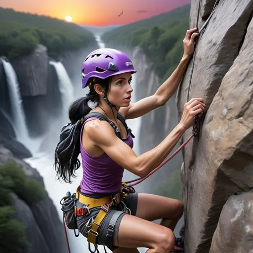 Prompt: A hyperrealistic 8K image of a beautiful woman whit long straight black hair and grey eyes, rock climbing, with well-defined and tense muscles, showing tension in her facial expression with gritted teeth as she climbs, equipped with safety gear, and making their way up a steep cliff. The climber should be wearing a purple helmet and harness, dressed in yellow and purple clothing, and holding onto a grey rocky surface. Include a red safety rope attached to the climber’s harness against a vibrant and dramatic sunset background to highlight the climber. Add tiny details like sweat on the climber's forehead, and show the strain in their neck and jaw muscles. Include silhouettes of distant mountains or trees with some birds flying near them, a small waterfall in the distance, and a few birds flying near the waterfall.