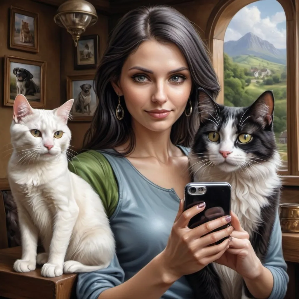 Prompt: a woman taking a selfie of a dog and cat with a cell phone in her hand and a cat on the other side of the picture, Anne Stokes, fantastic realism, highly detailed digital painting, a photorealistic painting