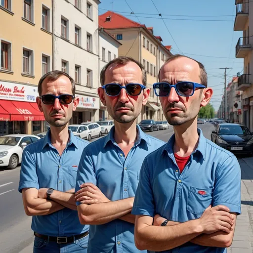 Prompt: Whimsical caricature art of three men with very short hair in blue shirts.The t-shirts have the inscription "STOP BAND". One man have sunglasses with red lenses. Two man don't have the sunglasses.All three standing in front of a street with cars and buildings in the background. Avgust Černigoj, les automatistes, zabrocki,HDR,300DPI 