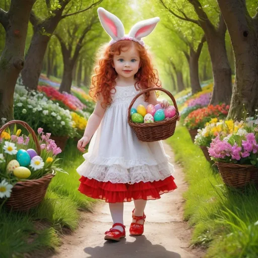 Prompt: pormpt: Create a hyper realistic, whimsical, centered, cute European 2 year old, green eyes, holding an easter basket filled with eggs, long vibrant red curly hair, dressed in bright red and lime green dress with layers of ruffles and lace, matching shoes, hair accesories,prancing down a lane, hiding eggs behind the flowers and trees, background of Fluffy White easter bunny, woods, path and flowers, vibrant colors, vivid details, in the style of Josephine wall.