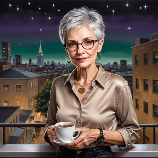 Prompt: 8k glossy airbrush oil ink painting of a significantly older light skin European woman with very short and very straight pixie silver hair, black-rimmed reading glasses, gold hoop earrings, heart pendant necklace and bracelet, brown green eyes, flawless makeup, long black eyelashes, light brown lips, wearing a beige satin shirt and torn black jeans, holding a cup of coffee or tea, and wearing violet and black ankle boots standing against a beautiful night scene mural with a cityscape background and twinkling stars, with pronounced wrinkles around her eyes and on her face, 8D, full body shot