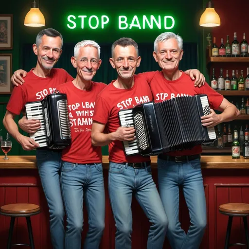 Prompt: Whimsical caricature art, one man with stylish brown short hair  in red T-shirt with the inscription "STOP BAND" are playing an accordion, two men with very short stylish silver hair in red T-shirt with the inscription "STOP BAND" standing behind him,one of two  man squats on the top of the bar.All three have big ears and noses, wearing jeans and posing for a picture together in a room with a bar and a green light behind them,HDR,300DPI, a character portrait, style of the Richard avedon,8k resolution
