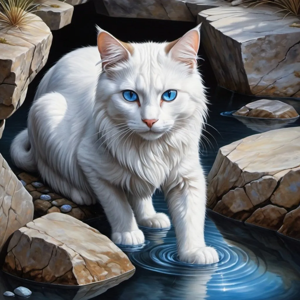 Prompt: a cat with blue eyes is looking at the water in the water hole with rocks and rocks around it, Anne Stokes, fantasy art, water, a photorealistic painting