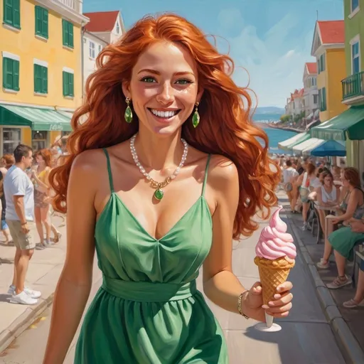 Prompt: Glossy oil painting of a bubbly gold brown skin European woman with long, flowing vibrant red hair, embellished with dainty diamond earrings and a pearl necklace. She dons a chic green sundress with ruffled details and white sneakers, her green eyes twinkling with joy. This character skips along a sun-kissed boardwalk, her laughter echoing against the backdrop of a bustling seaside town, holding an ice cream cone in one hand.