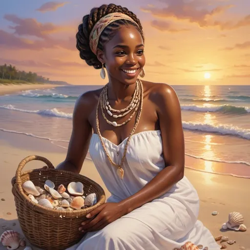 Prompt: 4k glossy oil painting: African American beach collector (dark skin), a radiant smile, gathers seashells in a woven basket at dusk. Braids adorned with starfish charms. Flowing white sundress. Delicate gold necklace with tiny shell. Barefoot in warm sand. Beach bathed in fiery light, waves lap at shore. Beach adorned with colorful towels, seashells.
